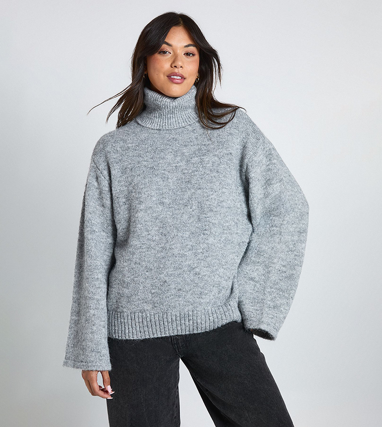 Buy Boohoo Soft Knit Oversized Roll Neck Jumper In Grey