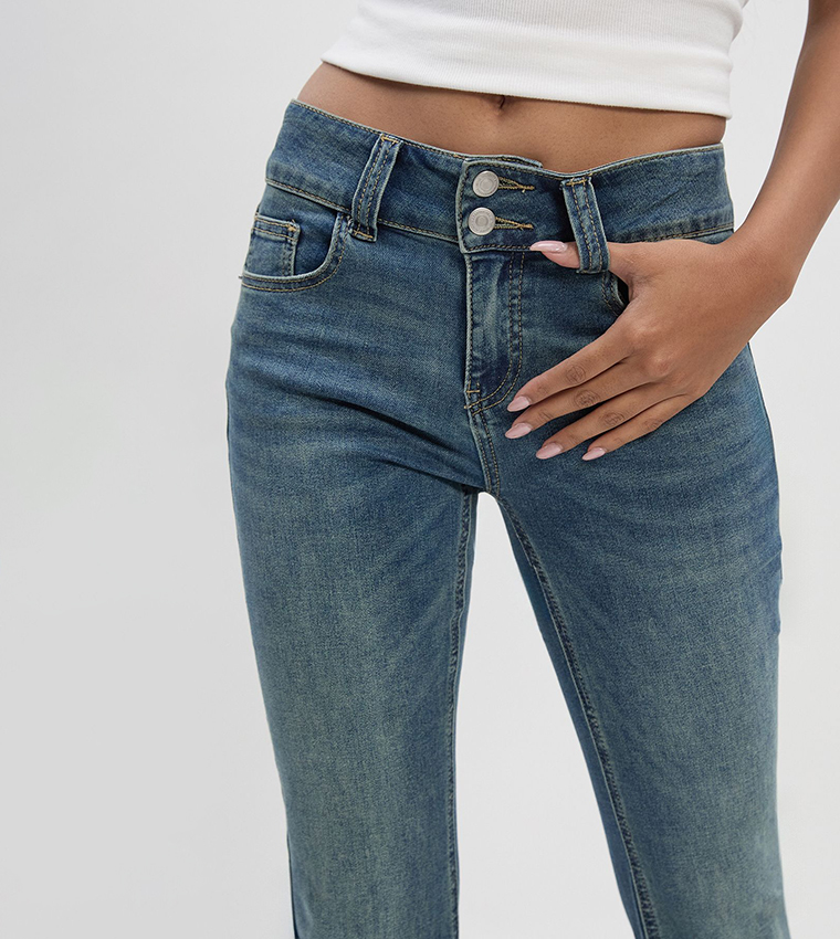 Buy Boohoo Low Waist Double Button Flared Jeans In Blue