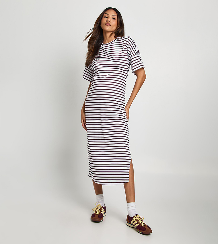 Striped Short Sleeves Split Hem Maternity Dress