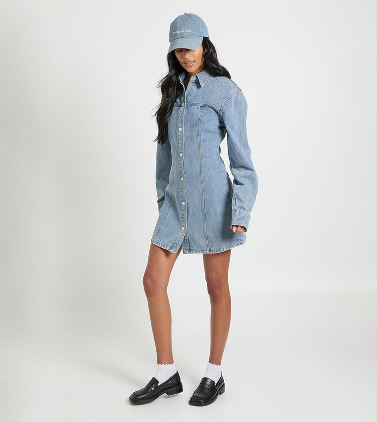 Tall Long Sleeves Cinched Waist Denim Dress