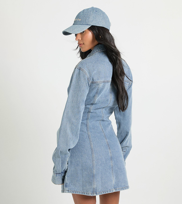 Tall Long Sleeves Cinched Waist Denim Dress