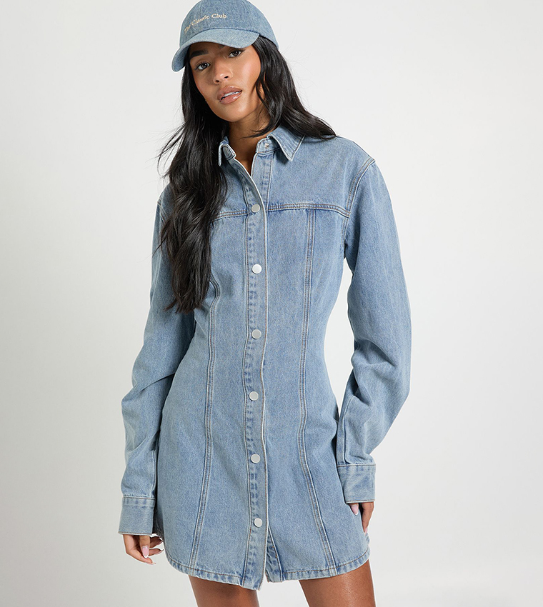 Tall Long Sleeves Cinched Waist Denim Dress