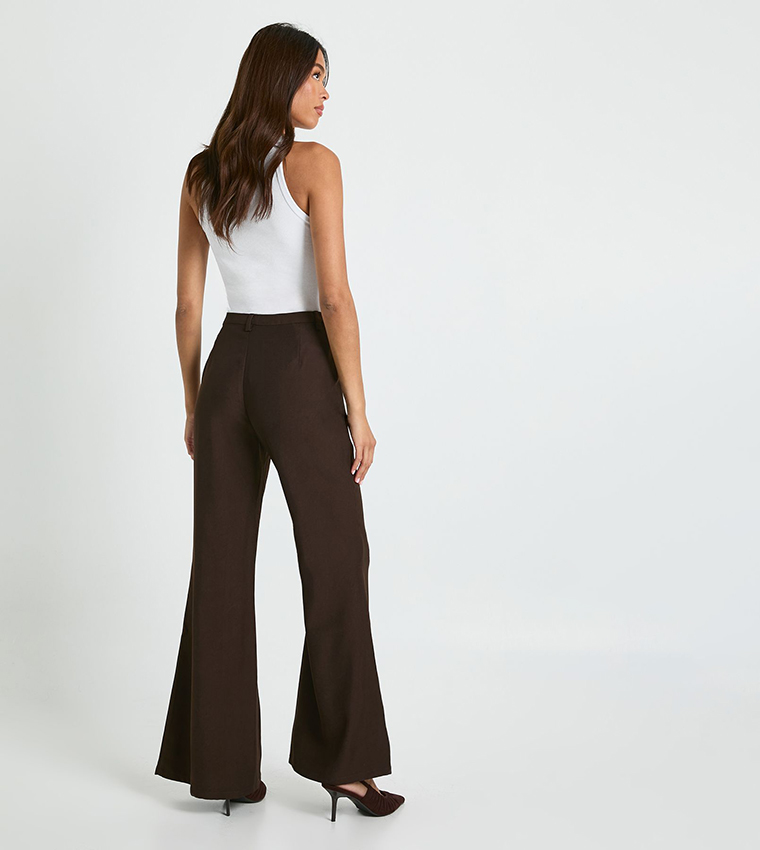 Solid High Waist Flared Trousers