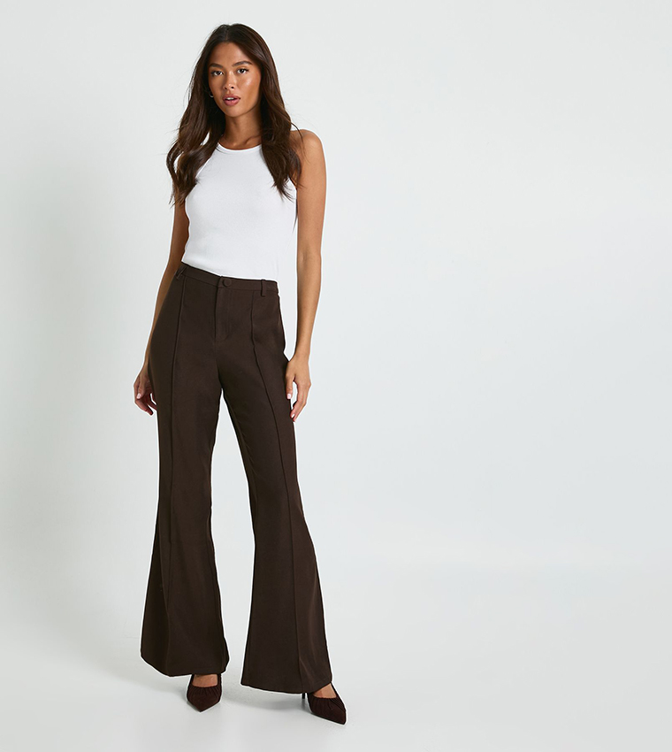 Solid High Waist Flared Trousers