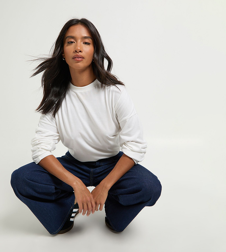 Petite Washed High Waist Wide Leg Jeans