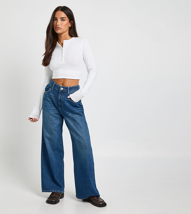 Petite Washed High Waist Wide Leg Jeans