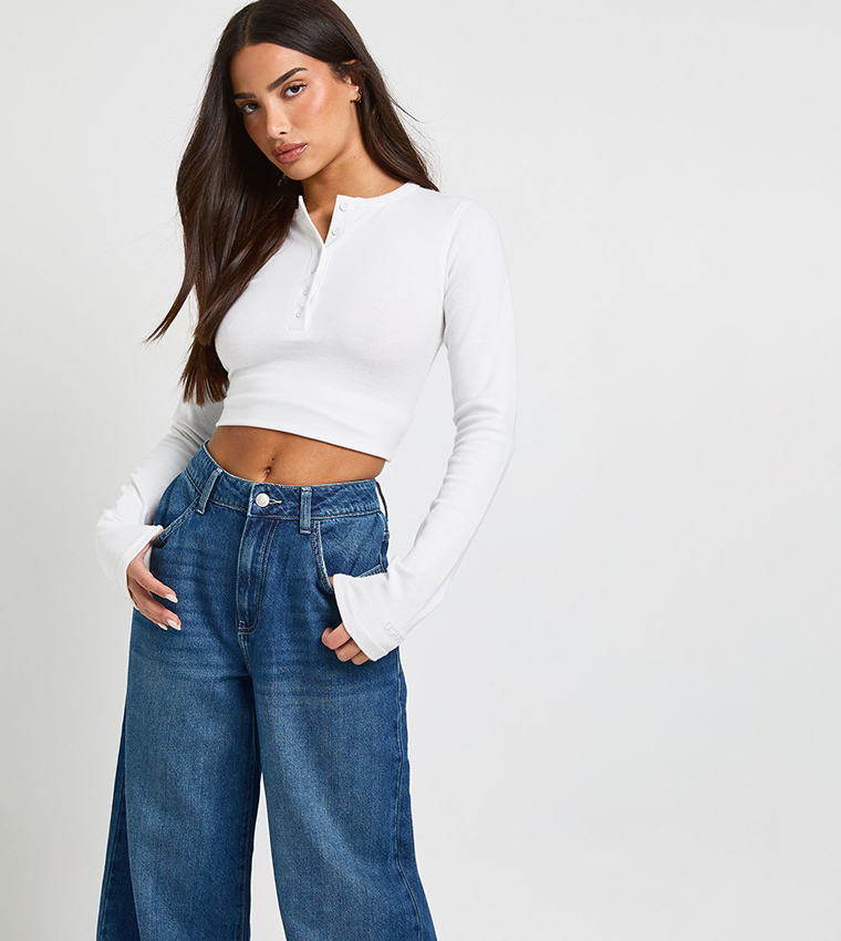 Petite Washed High Waist Wide Leg Jeans