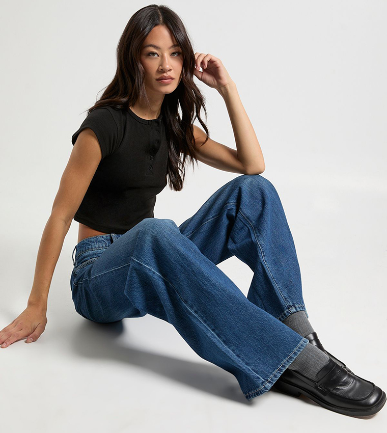 بنطلون جينز واسع بخصر عالي للمقاسات الطويلة 