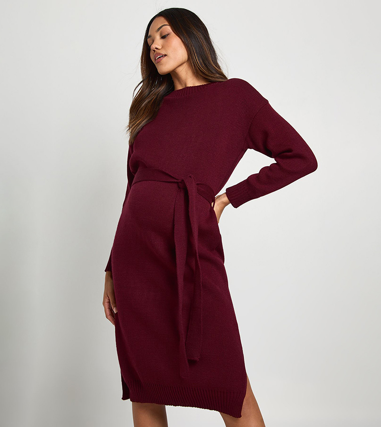 Textured Crew Neck Maternity Sweater Midi Dress