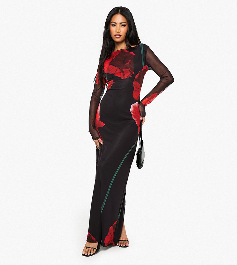 Floral Print Mesh Long Sleeves Maxi Dress