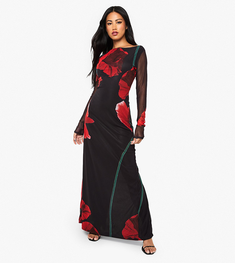 Floral Print Mesh Long Sleeves Maxi Dress