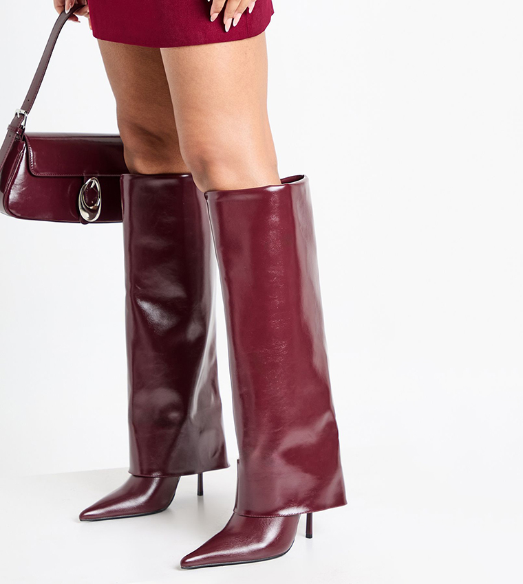 Fold Over Pointed Toe Knee High Boots