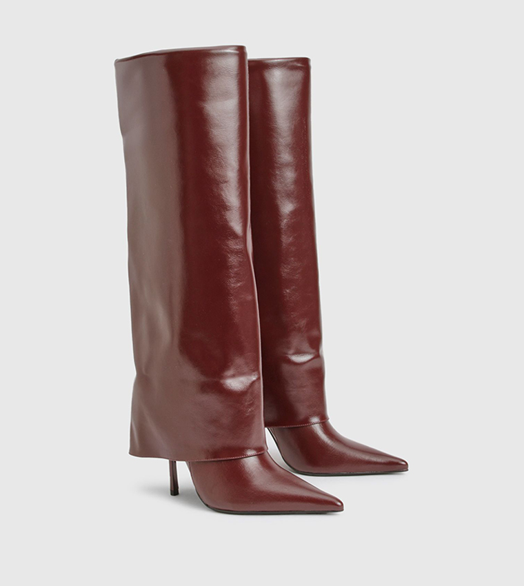 Fold Over Pointed Toe Knee High Boots