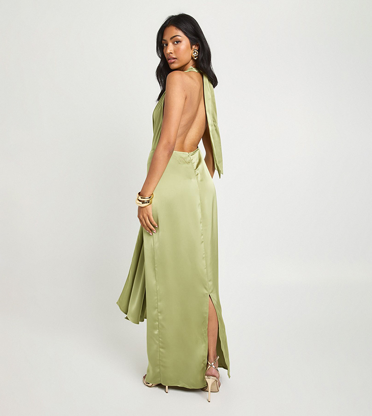 Satin Halterneck Plunge Drape Detail Maxi Dress