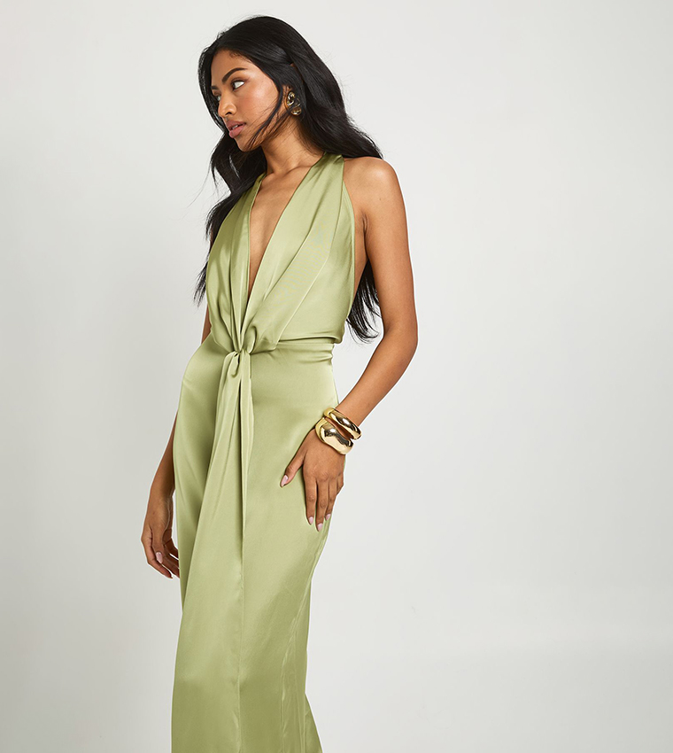 Satin Halterneck Plunge Drape Detail Maxi Dress