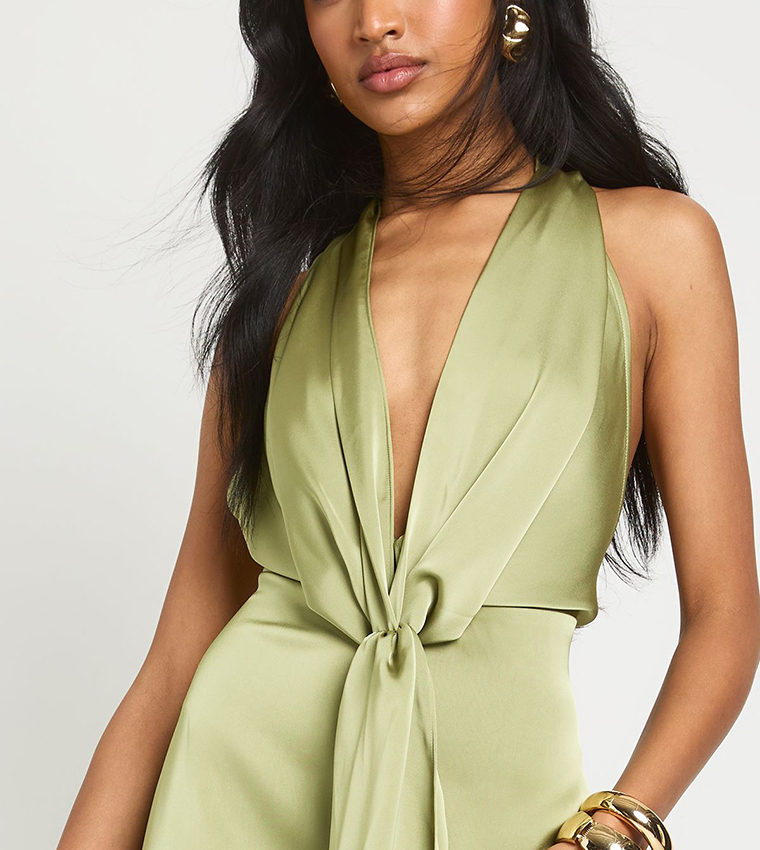 Satin Halterneck Plunge Drape Detail Maxi Dress