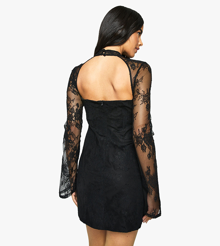 Premium High Neck Lace Structured Mini Dress