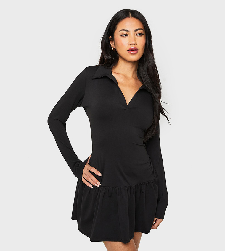 Collared Drop Hem Long Sleeves Mini Dress