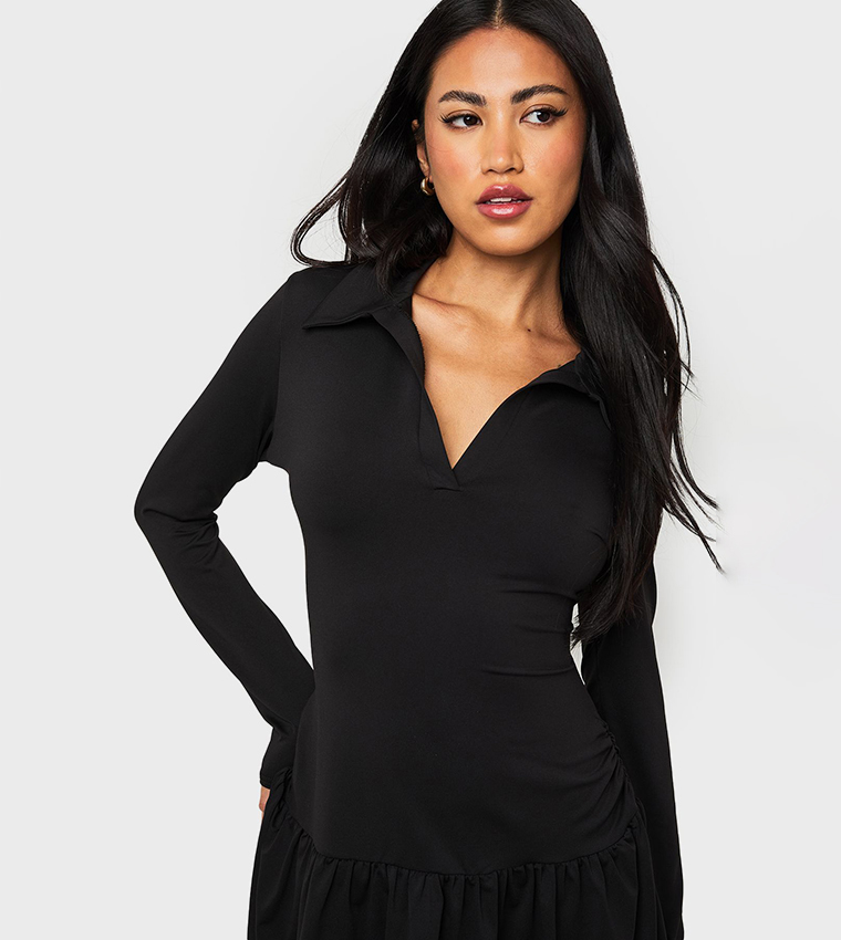 Collared Drop Hem Long Sleeves Mini Dress