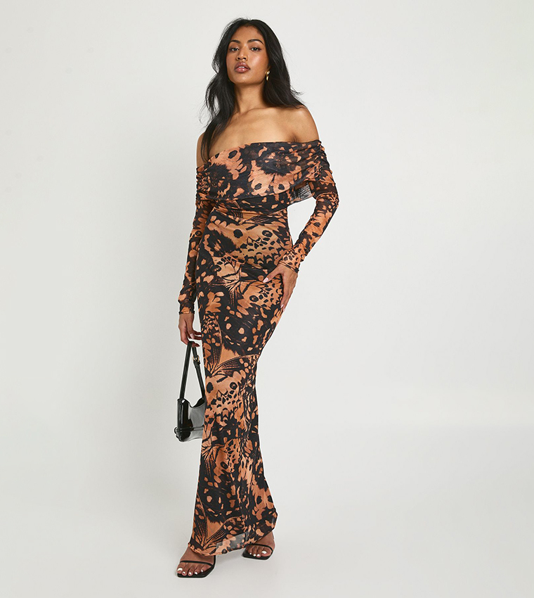 Buy Boohoo Abstract Printed Bardot Maxi Dress In Brown | 6thStreet Oman