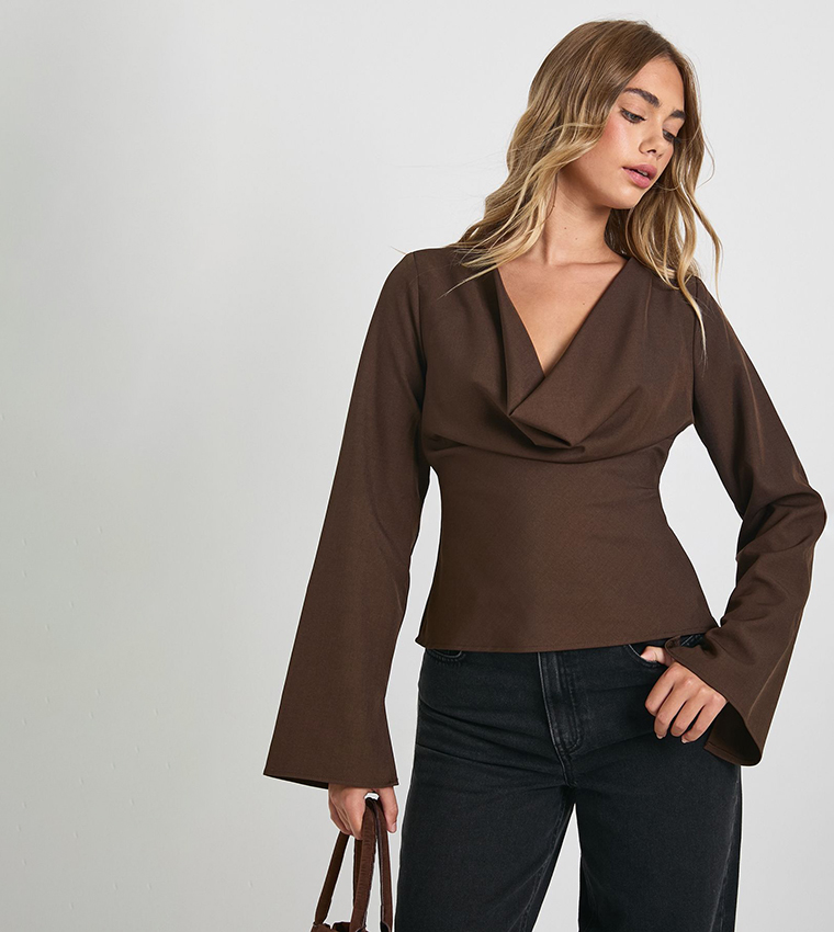 Plunge Cowl Neck Long Sleeves Top