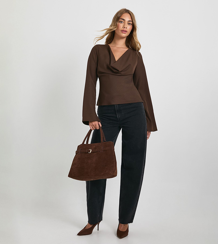 Plunge Cowl Neck Long Sleeves Top