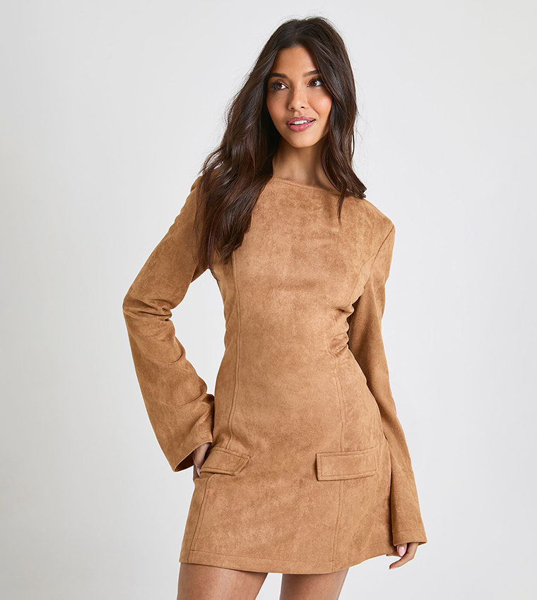 Buy Boohoo Faux Suede Flared Cuff Shift Mini Dress In Brown | 6thStreet  Qatar