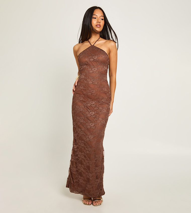 Buy Boohoo Petite Lace Halterneck Column Maxi Dress In Brown