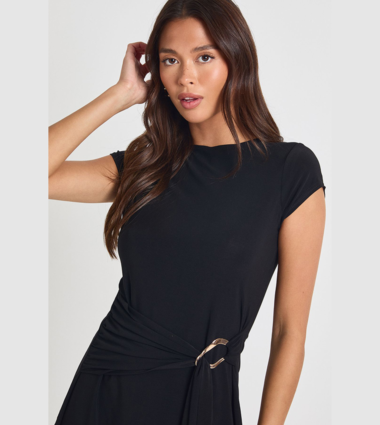 Slinky Drape Front Gold Trim Mini Dress