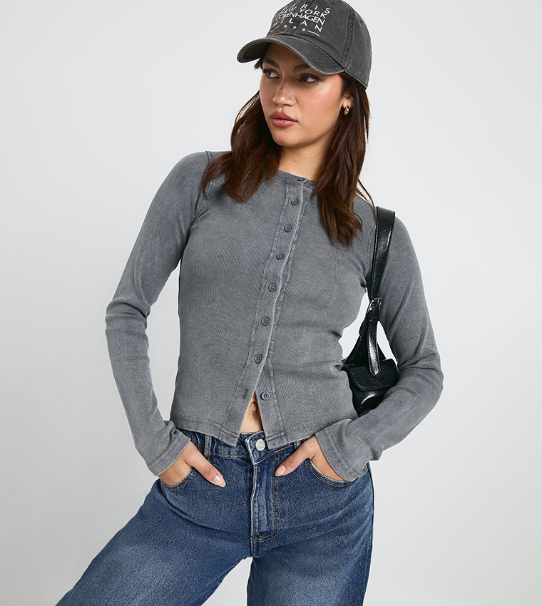 Acid Wash Button Through Long Sleeves Crop Top