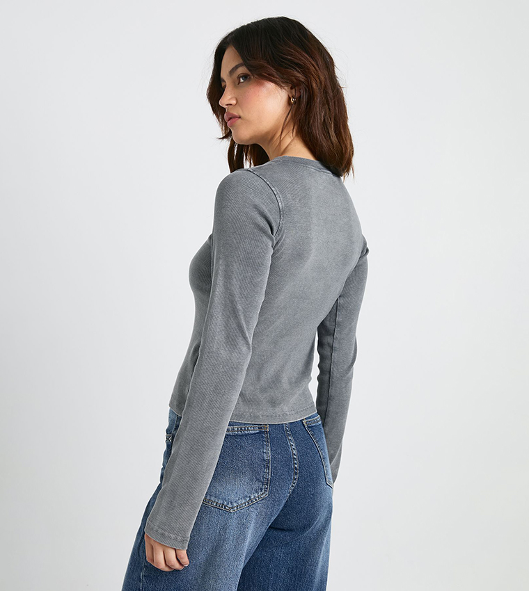 Acid Wash Button Through Long Sleeves Crop Top