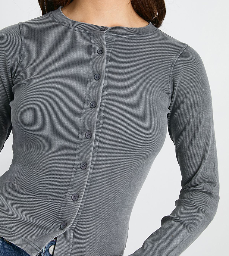 Acid Wash Button Through Long Sleeves Crop Top