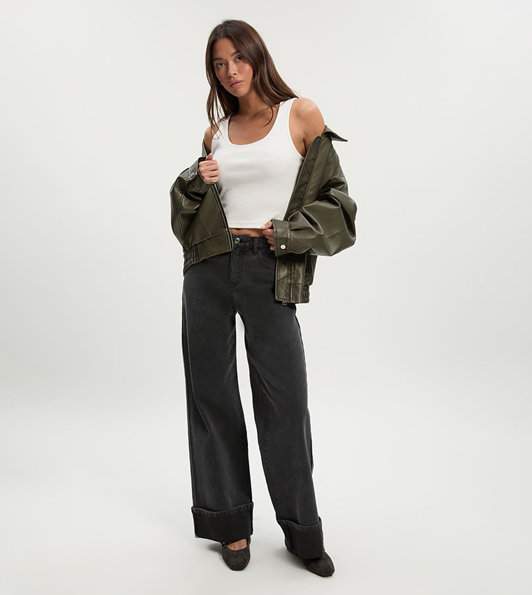 Turn Up High Waist Straight Fit Jeans