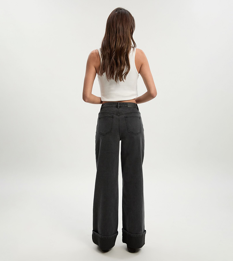 Turn Up High Waist Straight Fit Jeans