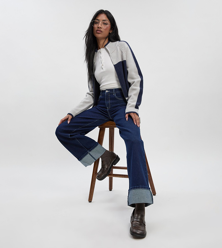 Turn Up High Waist Straight Leg Jeans