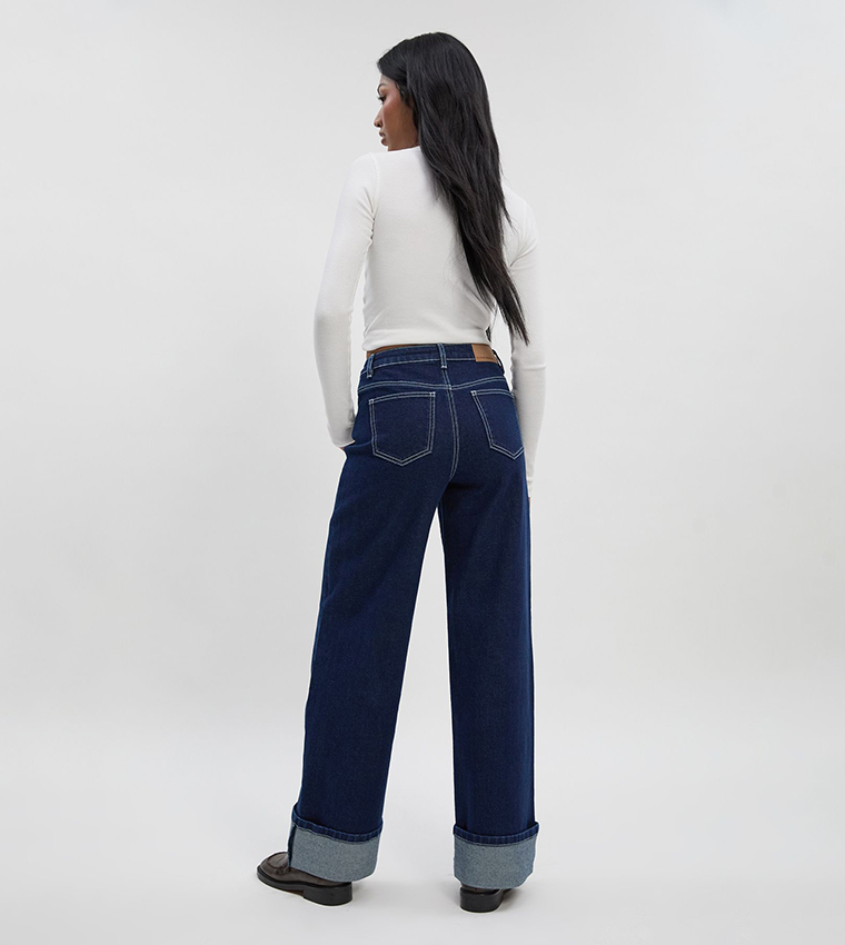 Turn Up High Waist Straight Leg Jeans