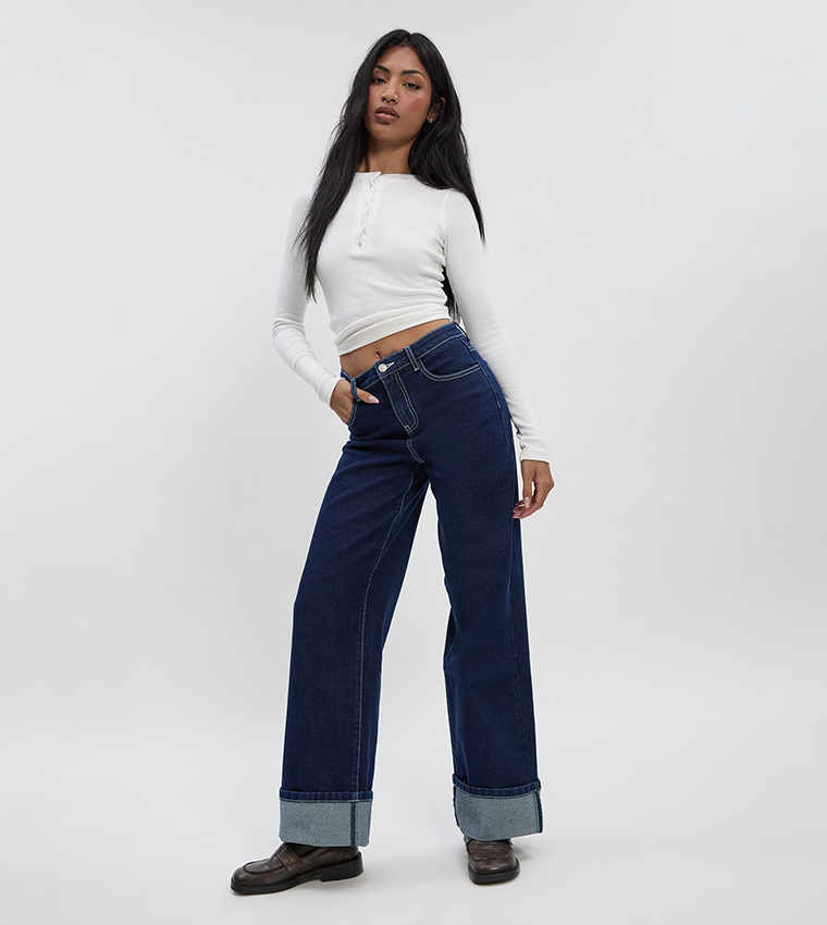 Turn Up High Waist Straight Leg Jeans