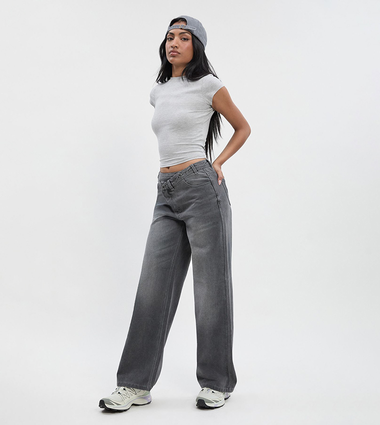 High Waist Crossover Waistband Straight Fit Jeans