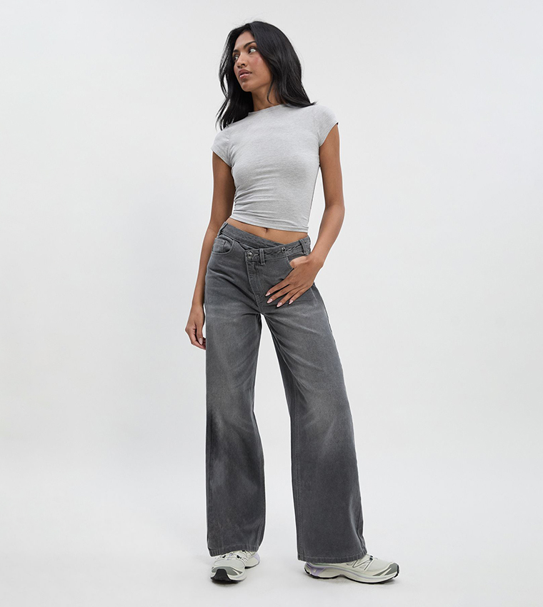 High Waist Crossover Waistband Straight Fit Jeans