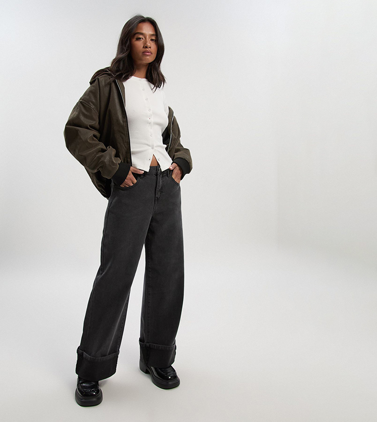 Petite Turn Up High Waist Straight Fit Jeans