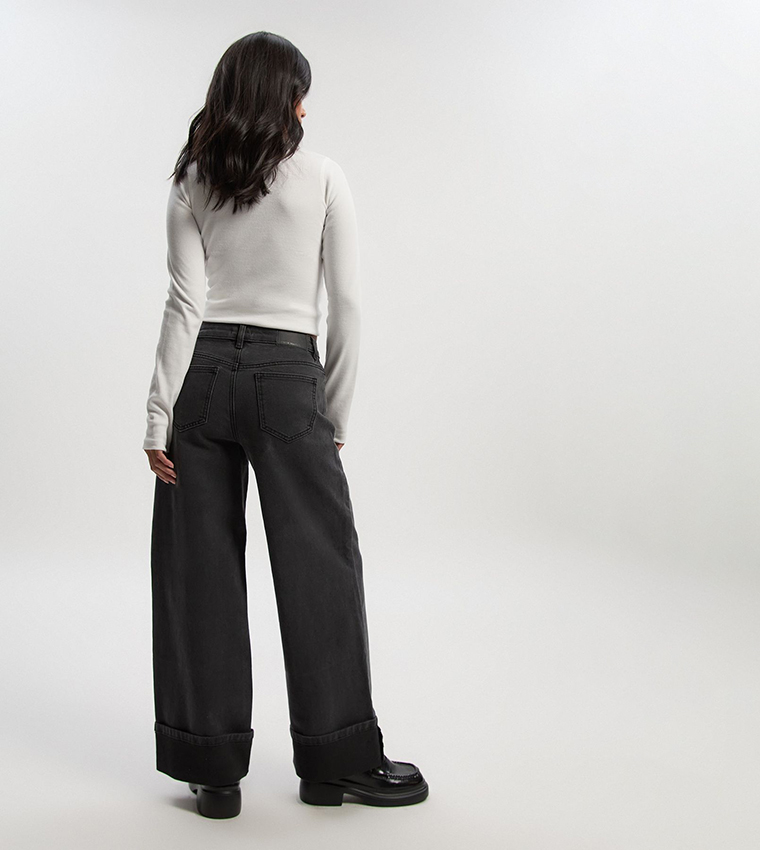 Petite Turn Up High Waist Straight Fit Jeans