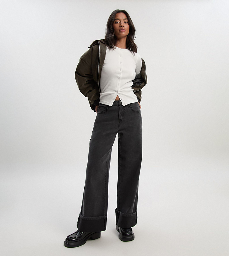 Petite Turn Up High Waist Straight Fit Jeans