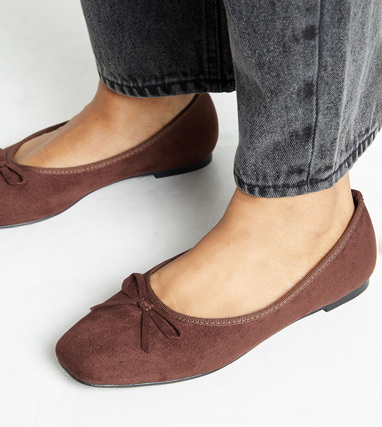 Faux Suede Square Toe Bow Detail Ballerinas