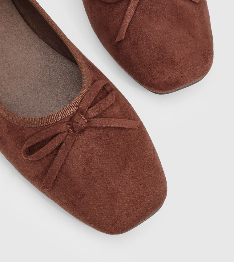 Faux Suede Square Toe Bow Detail Ballerinas