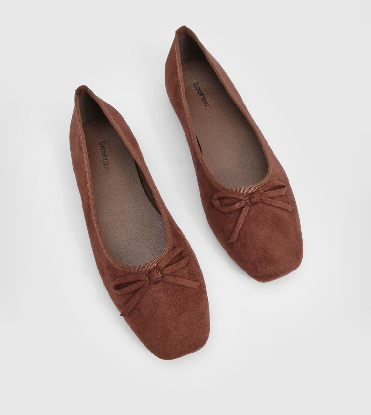 Faux Suede Square Toe Bow Detail Ballerinas