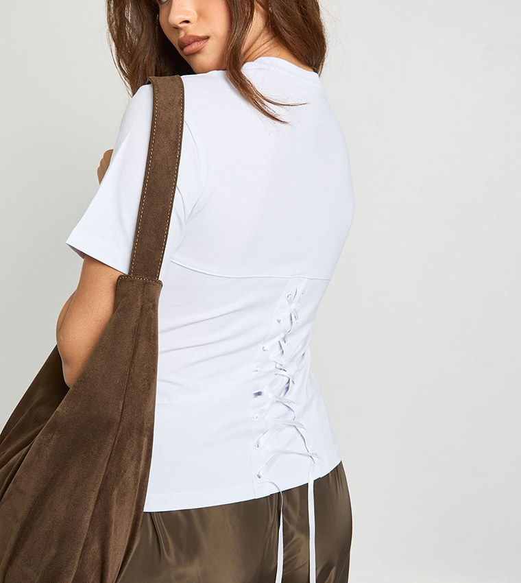 Lace Up Back Short Sleeves T-Shirt