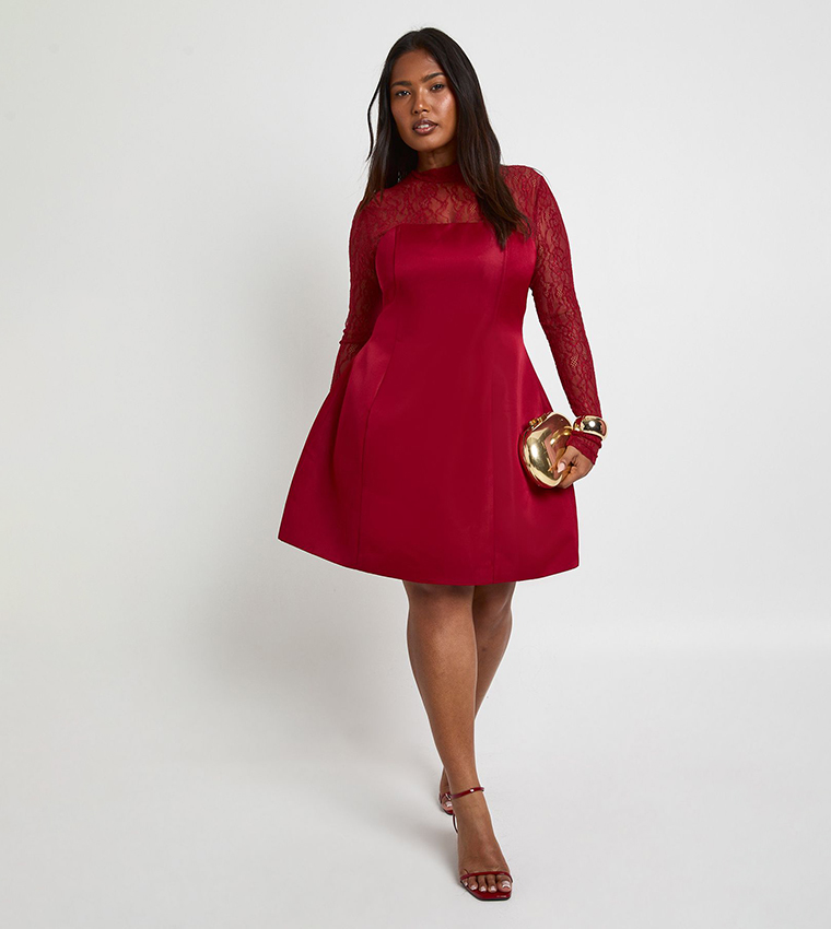 Buy Boohoo Curve High Neck Lace Satin Structured Mini Dress In Burgundy |  6thStreet Qatar