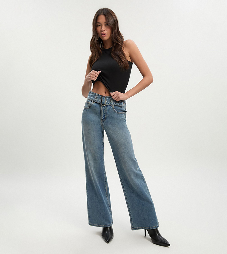 Embellished Belt High Waist Wide Leg Jeans