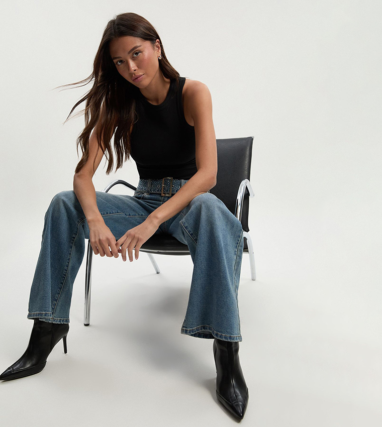 Embellished Belt High Waist Wide Leg Jeans