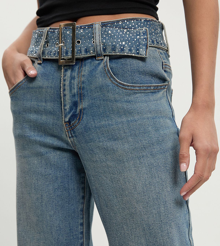 Embellished Belt High Waist Wide Leg Jeans